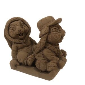 Rabbits Bunnys Riding on Sled 3 Inch Brown Resin Figurine Farmhouse Cottage Core